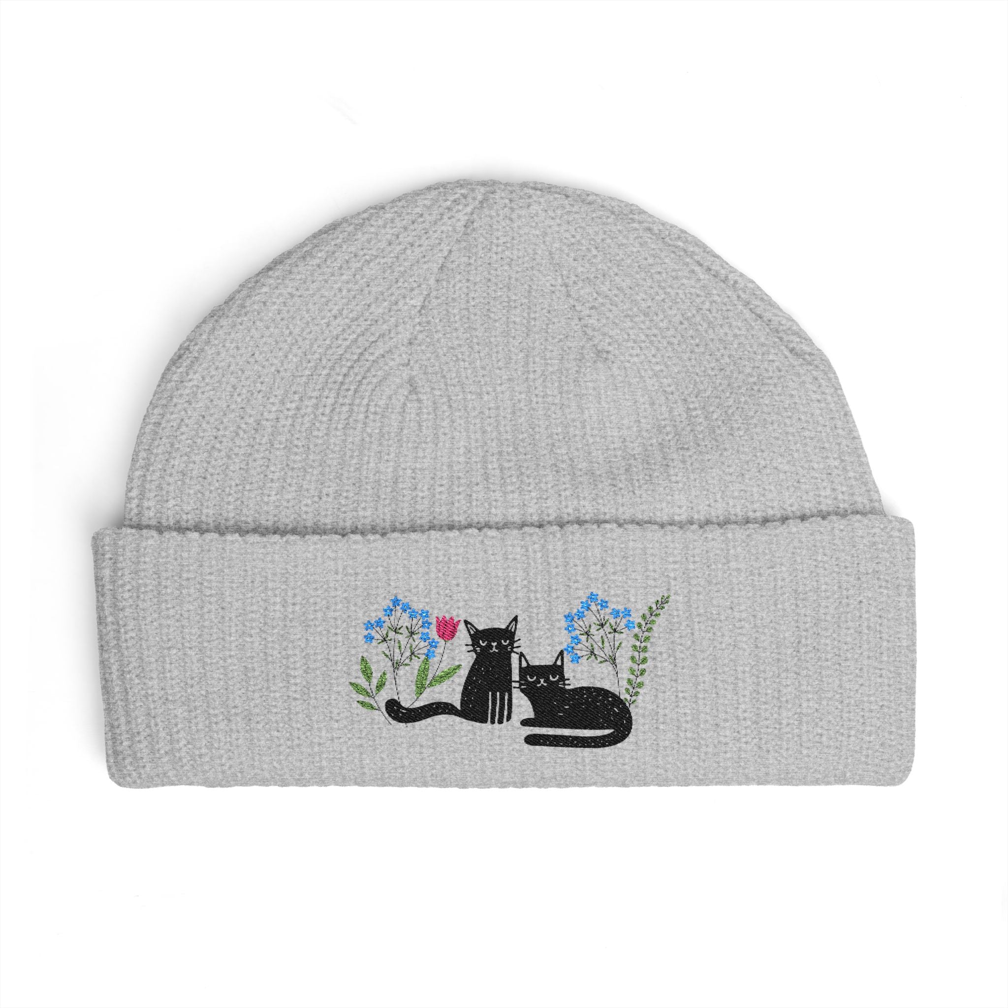 Embroidered Black Cats Floral Cuff Beanie