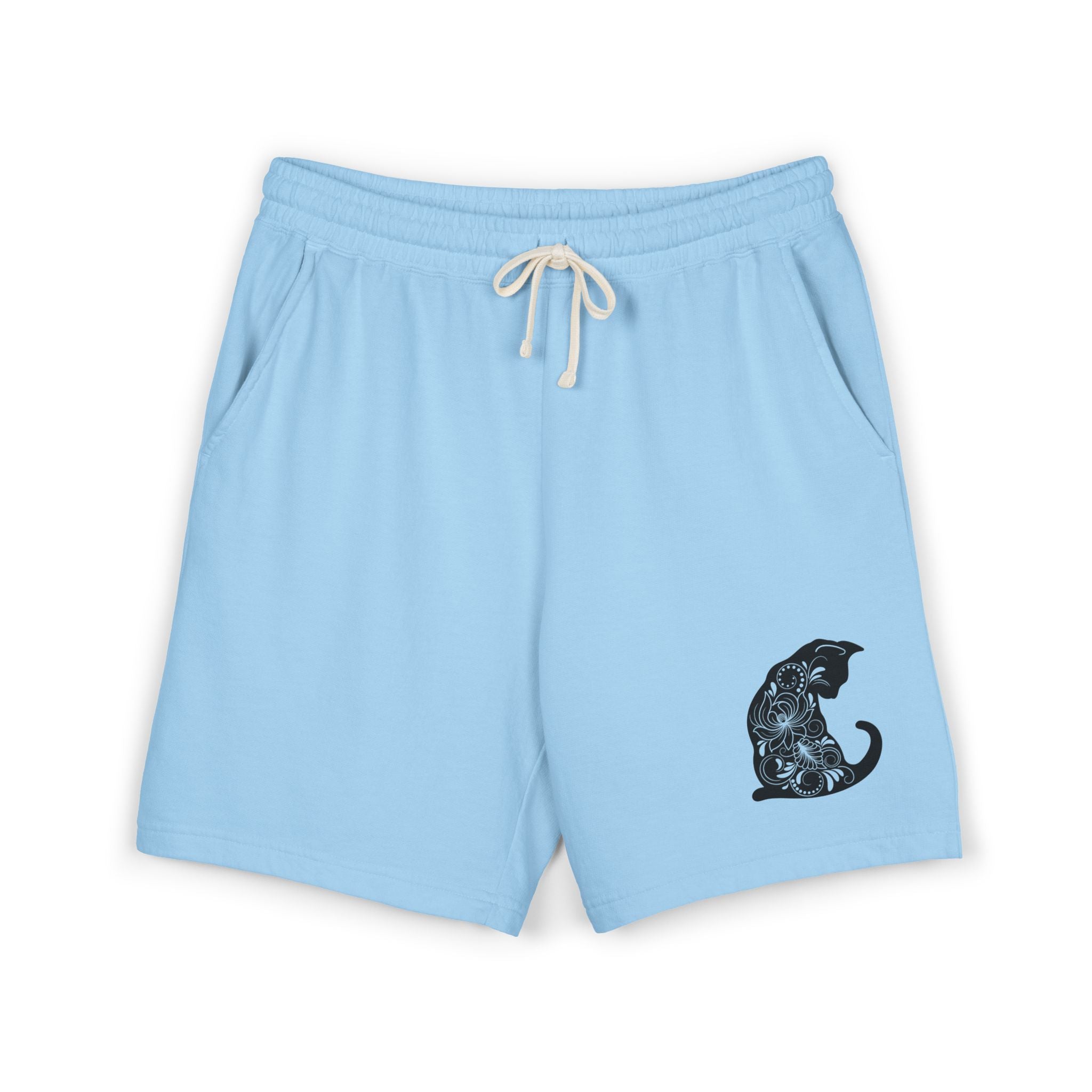 Cat Silhouette Fleece Sweat Shorts — Cozy Graphic Lounge Shorts