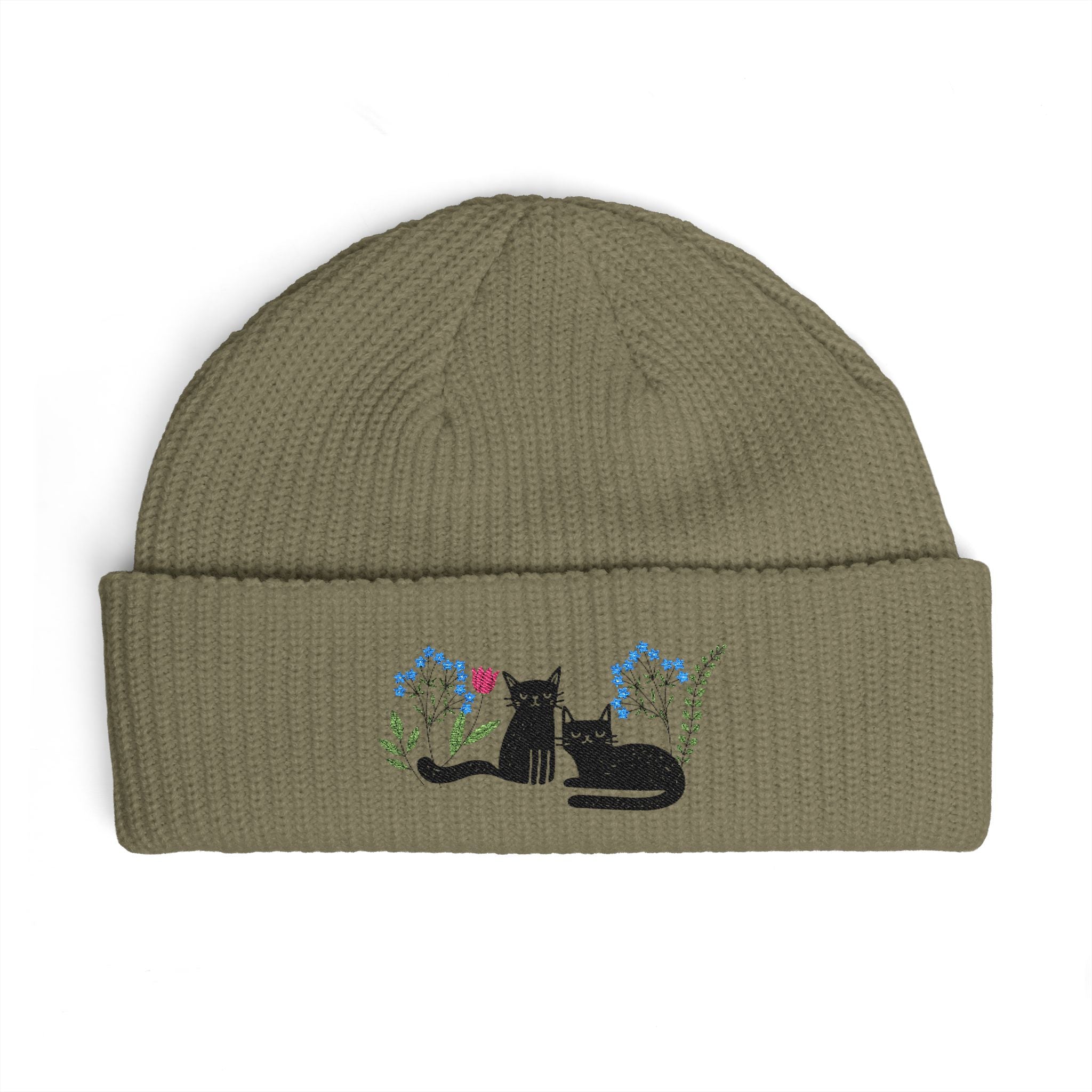 Embroidered Black Cats Floral Cuff Beanie