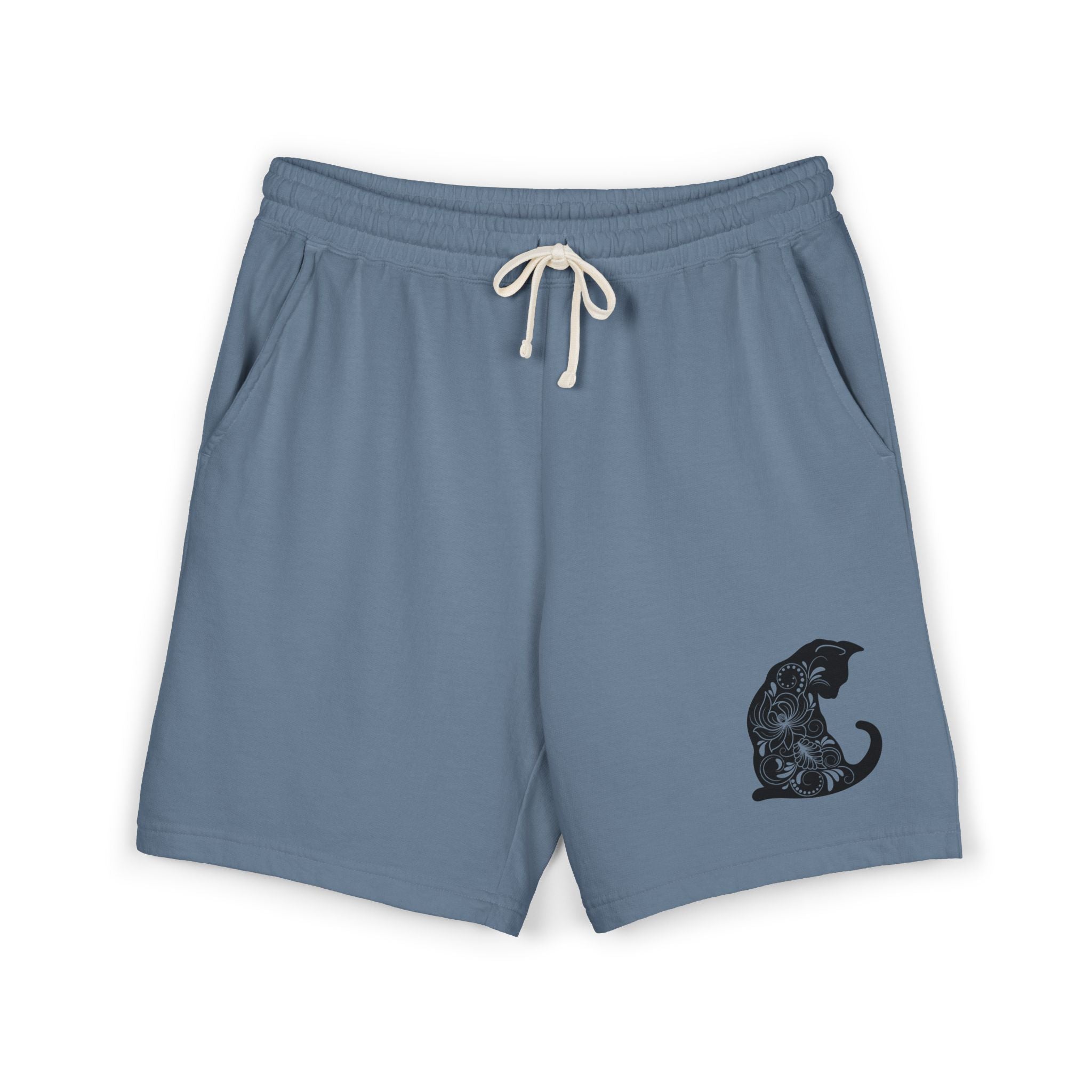 Cat Silhouette Fleece Sweat Shorts — Cozy Graphic Lounge Shorts