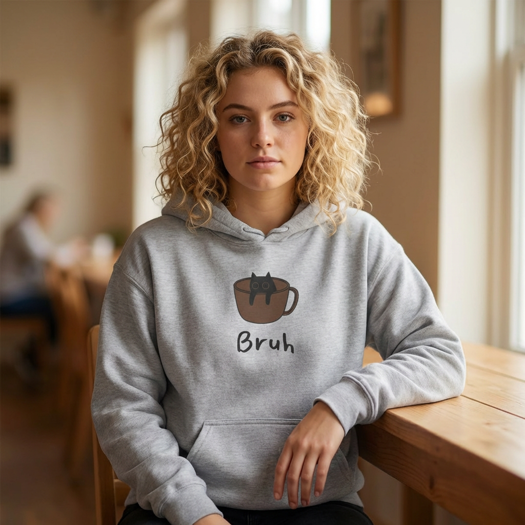 Bruh Coffee Cat Hoodie — Funny Cat Lover Sweatshirt