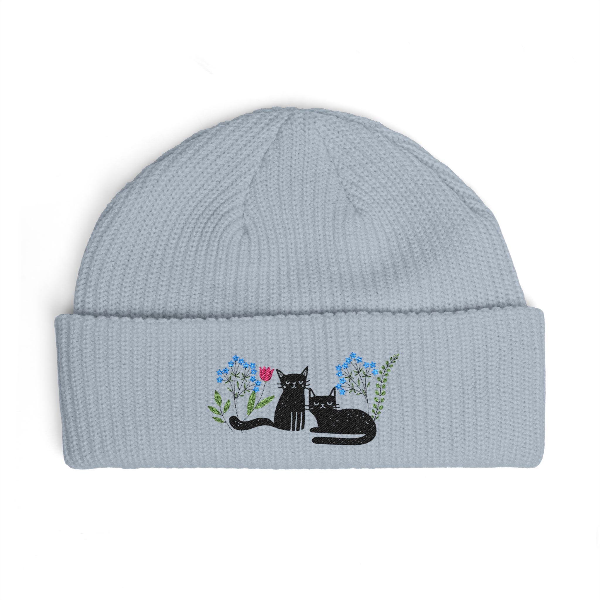 Embroidered Black Cats Floral Cuff Beanie