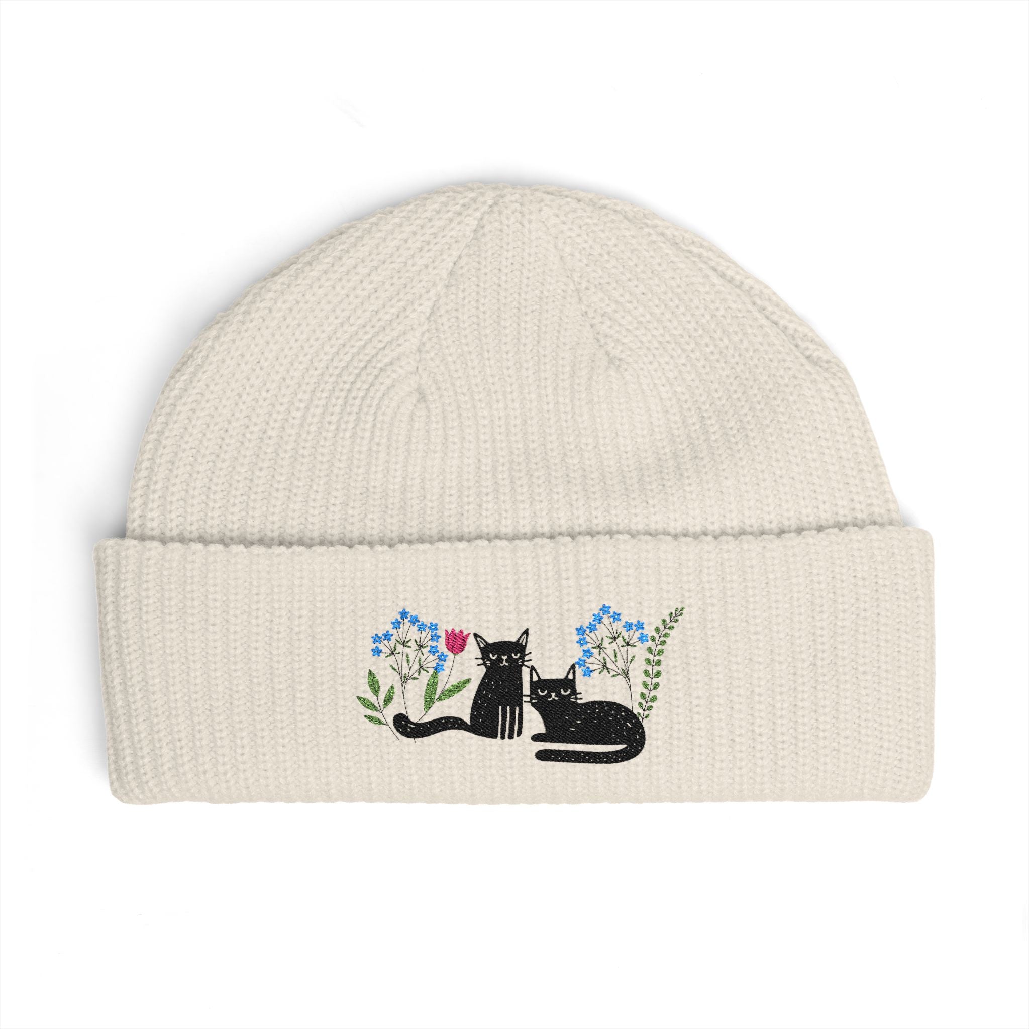 Embroidered Black Cats Floral Cuff Beanie