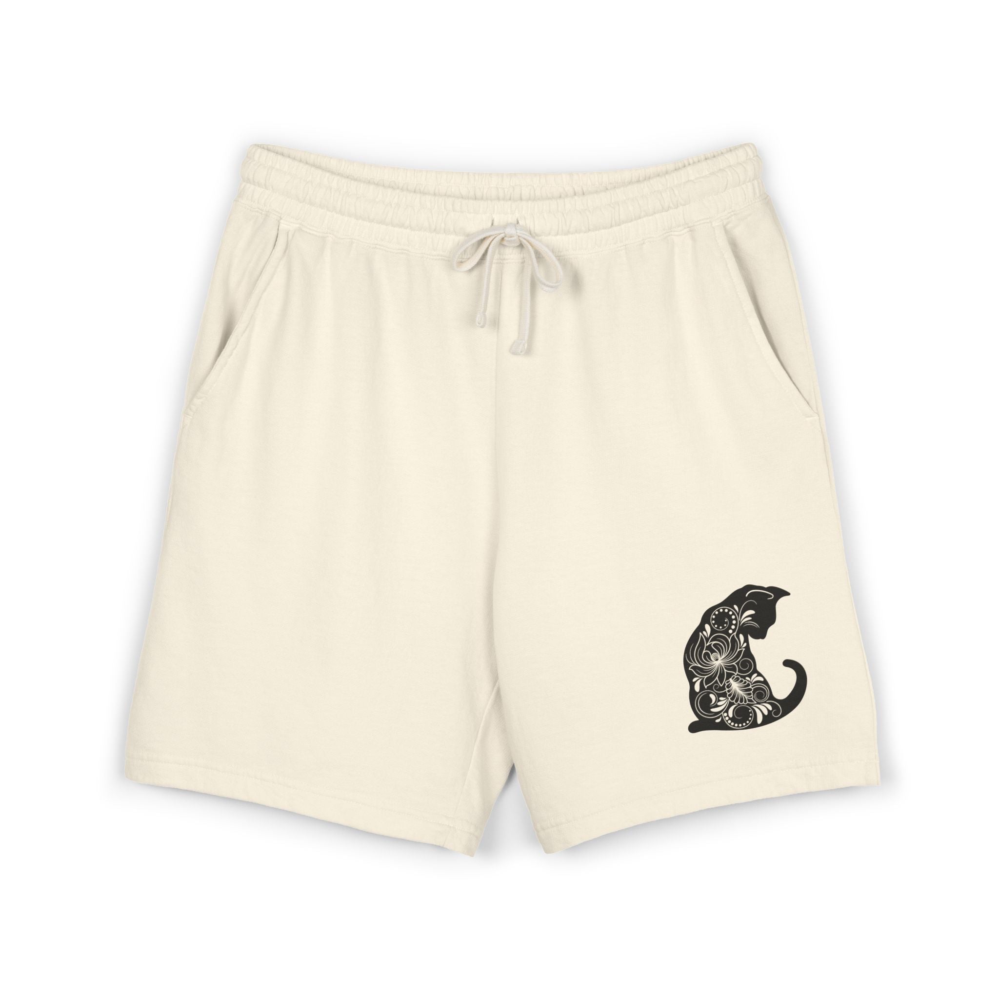 Cat Silhouette Fleece Sweat Shorts — Cozy Graphic Lounge Shorts