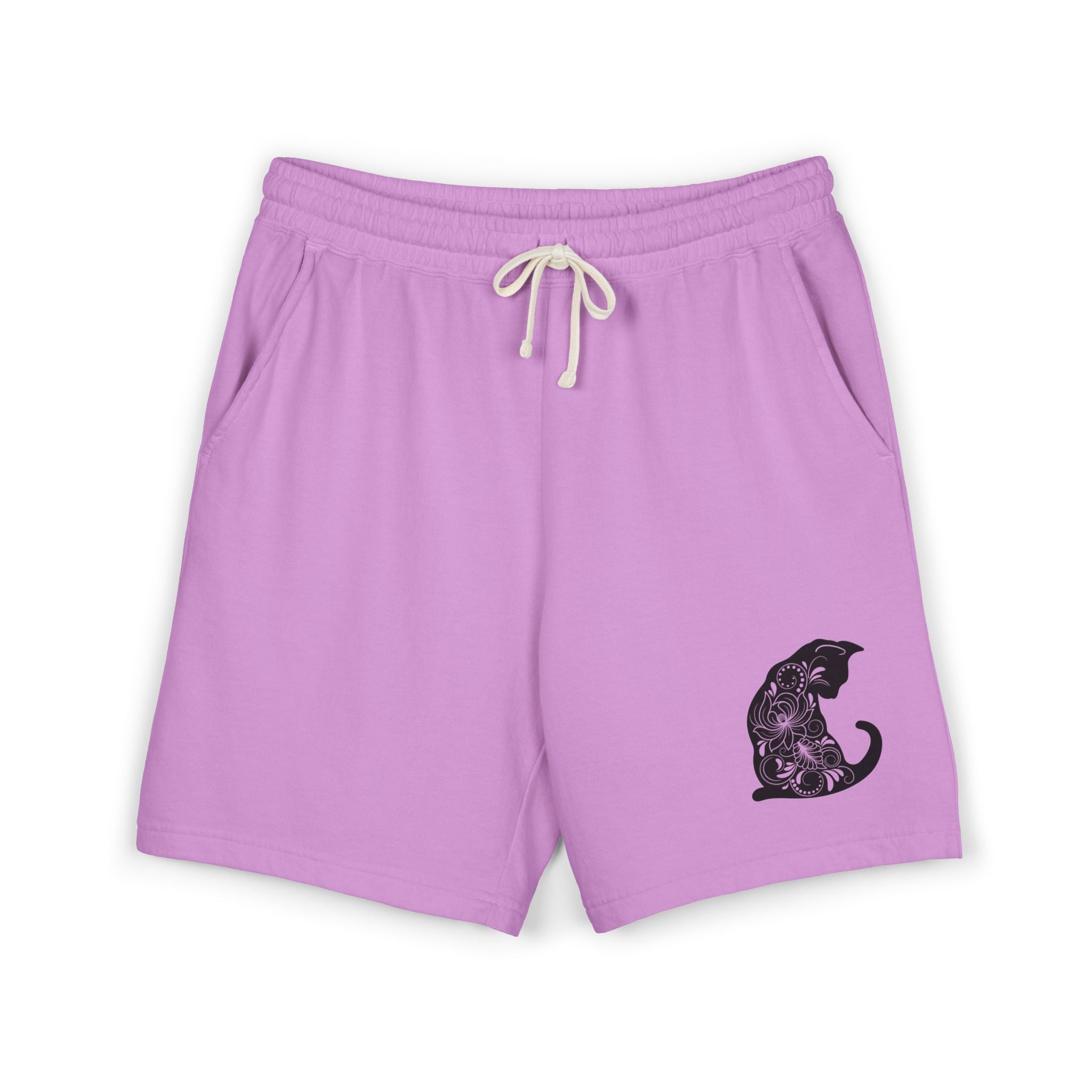Cat Silhouette Fleece Sweat Shorts — Cozy Graphic Lounge Shorts