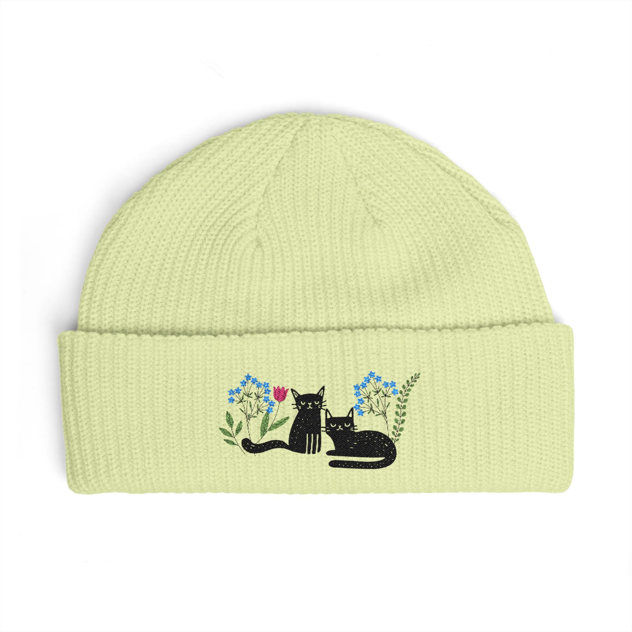 Embroidered Black Cats Floral Cuff Beanie