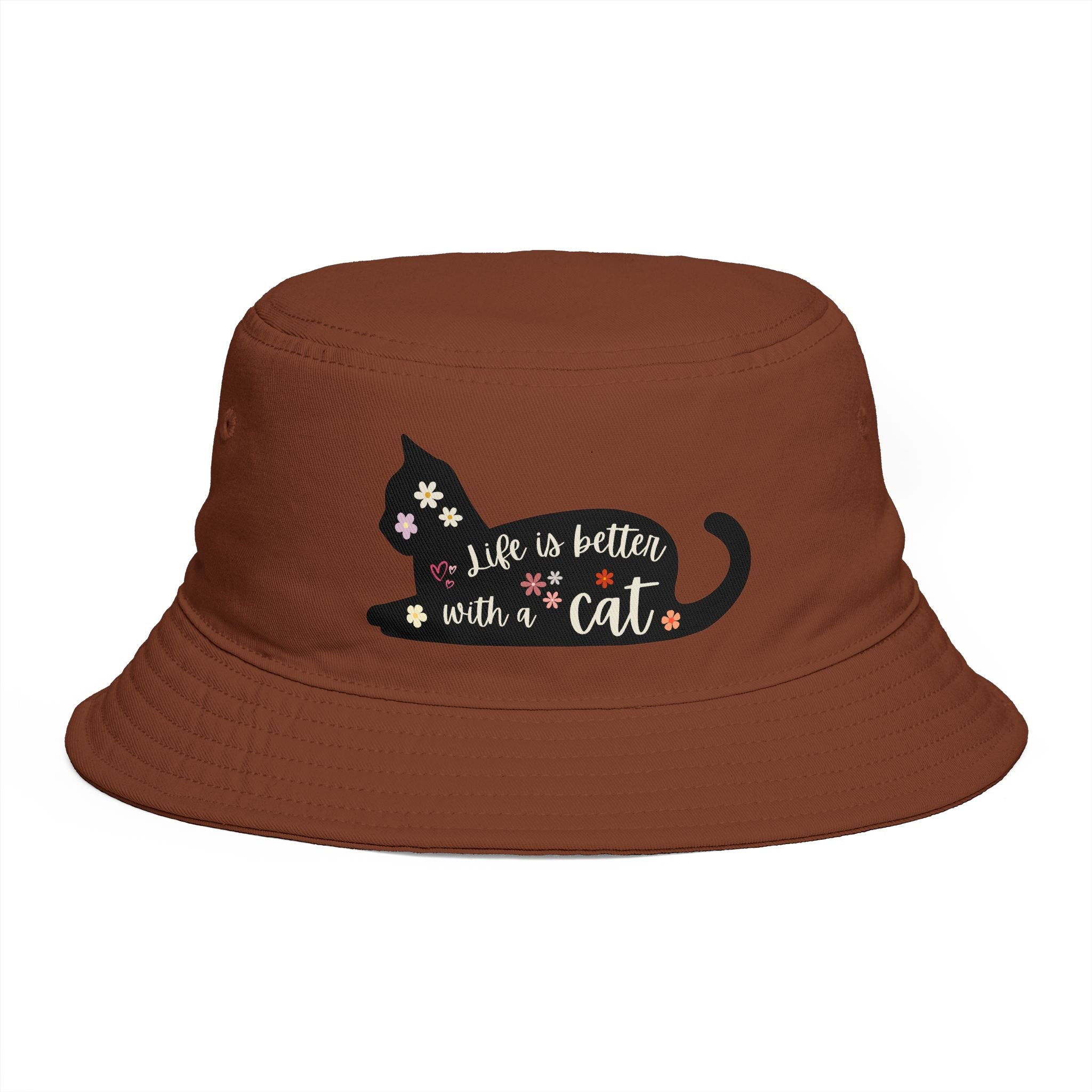Bucket Hat — "Life Is Better With My Cat" Cute Floral Cat Lover Hat