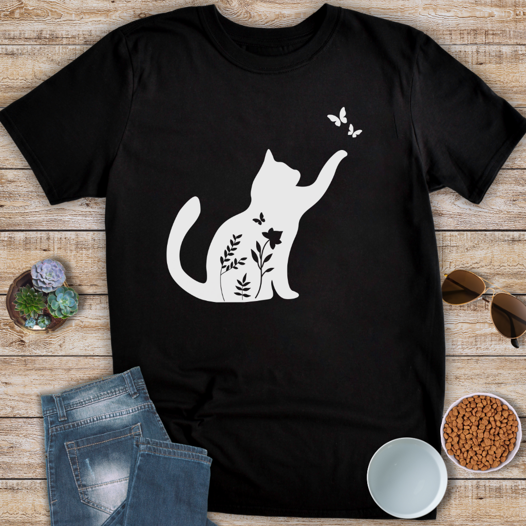 Floral Cat and Butterflies T-Shirt