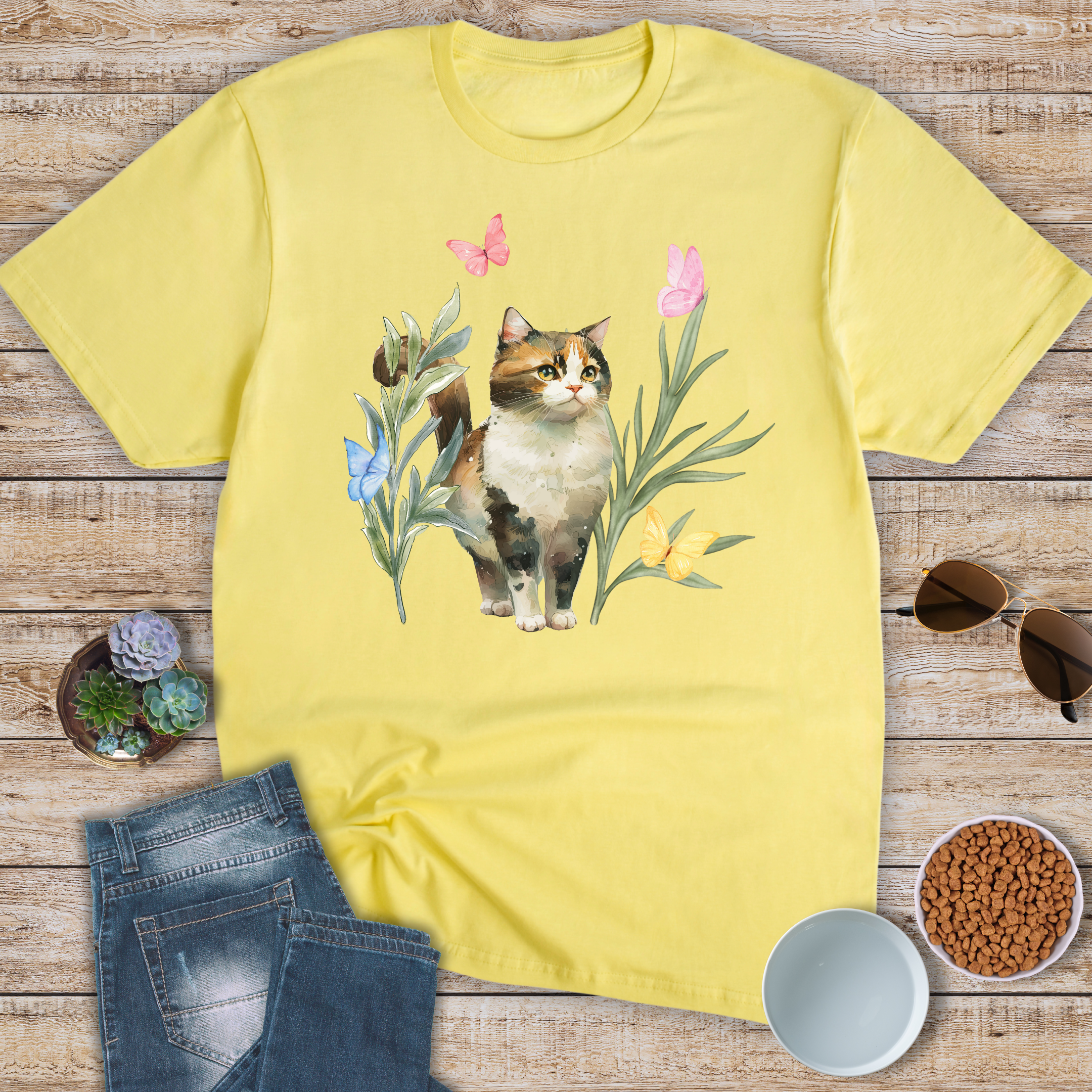 Watercolor Cat and Butterflies T-Shirt