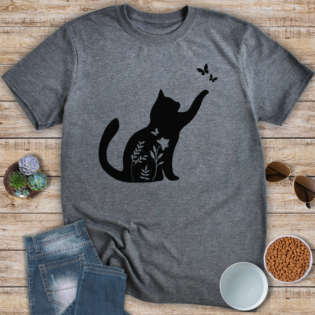 Floral Cat and Butterflies T-Shirt