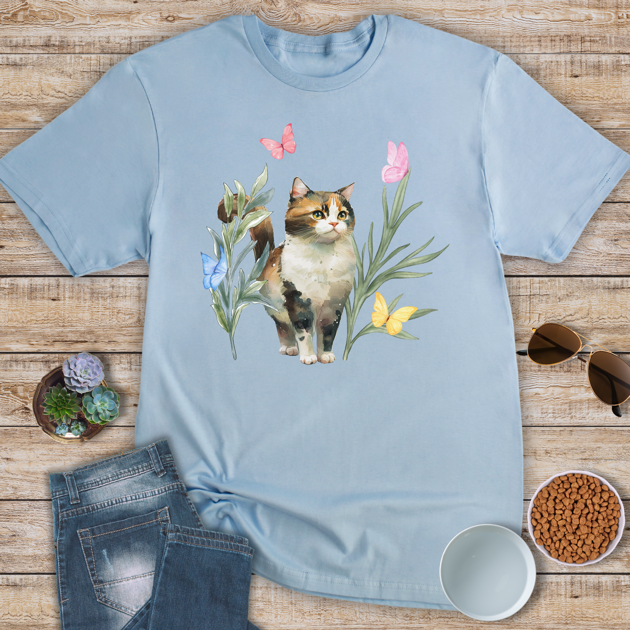 Watercolor Cat and Butterflies T-Shirt