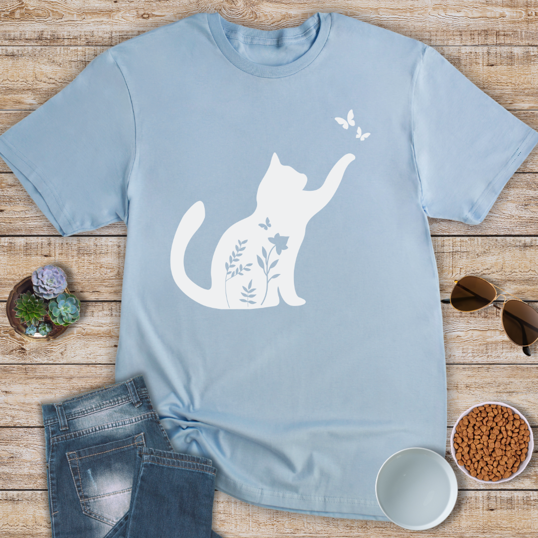 Floral Cat and Butterflies T-Shirt