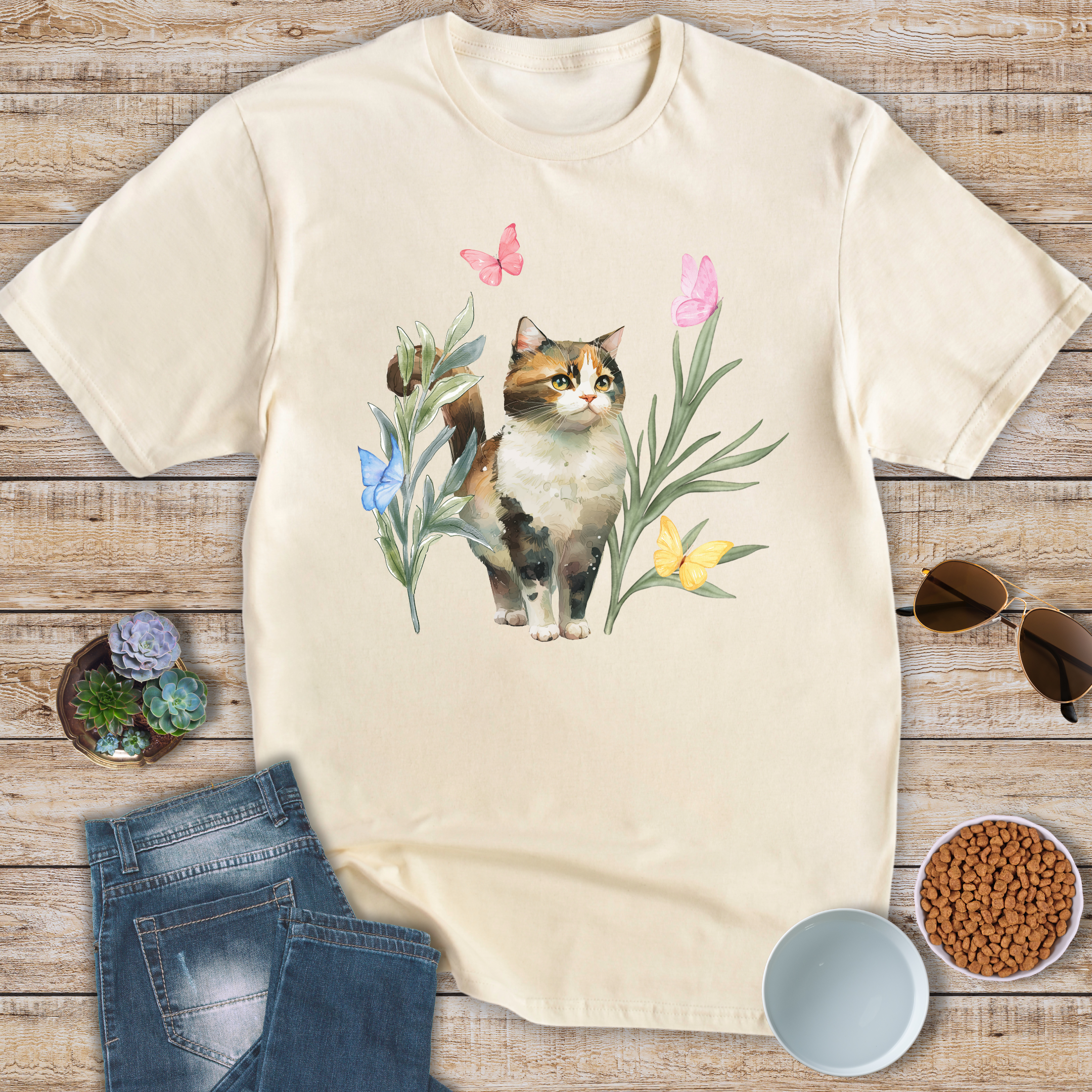 Watercolor Cat and Butterflies T-Shirt