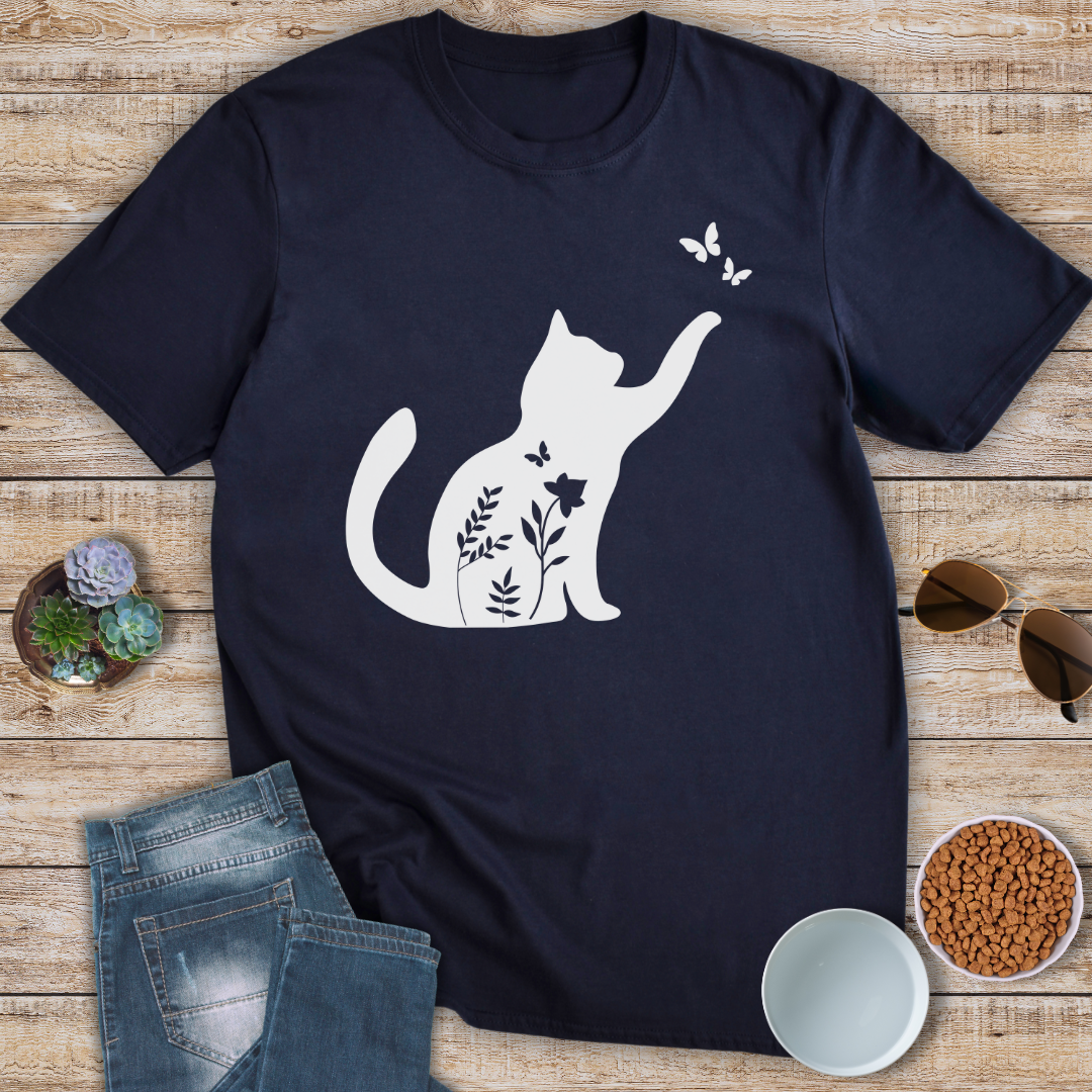 Floral Cat and Butterflies T-Shirt
