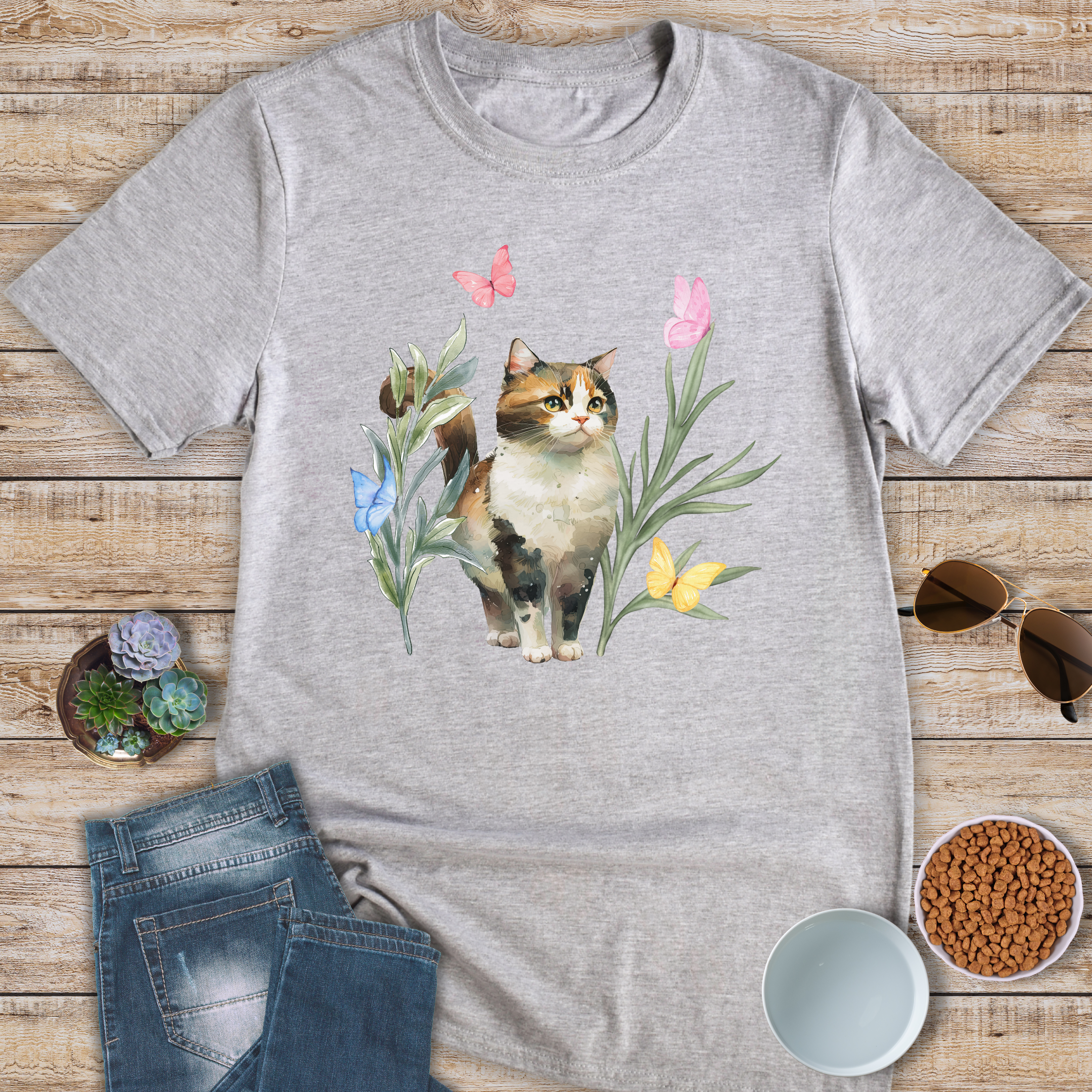 Watercolor Cat and Butterflies T-Shirt
